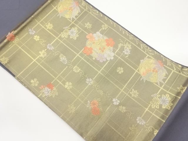 格子に花輪・菊唐草模様織出し名古屋帯